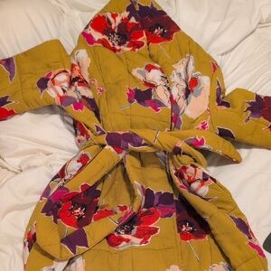 Anthropologie Mustard Yellow Floral Print Robe/Jacket